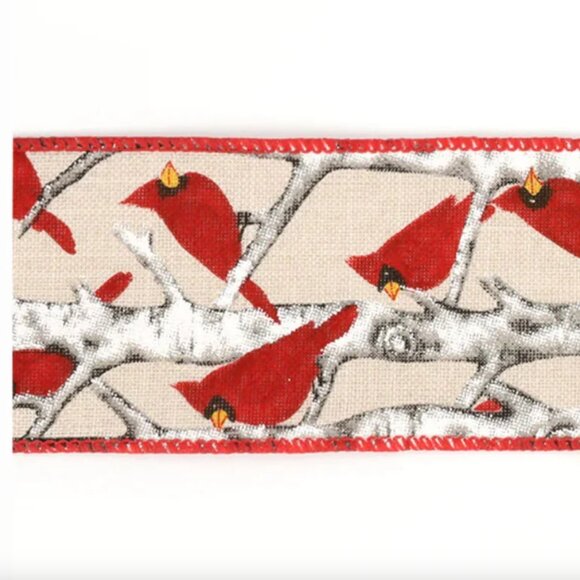 Designer White & Red Snowy Branch Cardinal Wired Edge Christmas Ribbon 10 Yards - Picture 2 of 3
